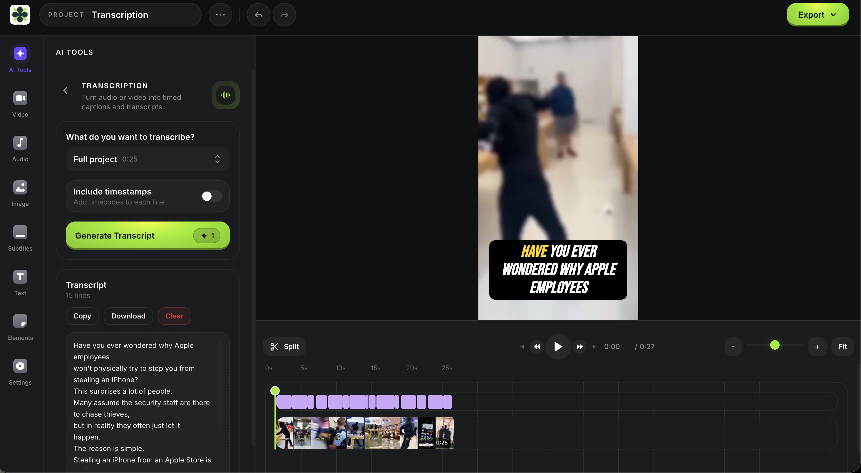 Transcription panel inside the Satura video editor