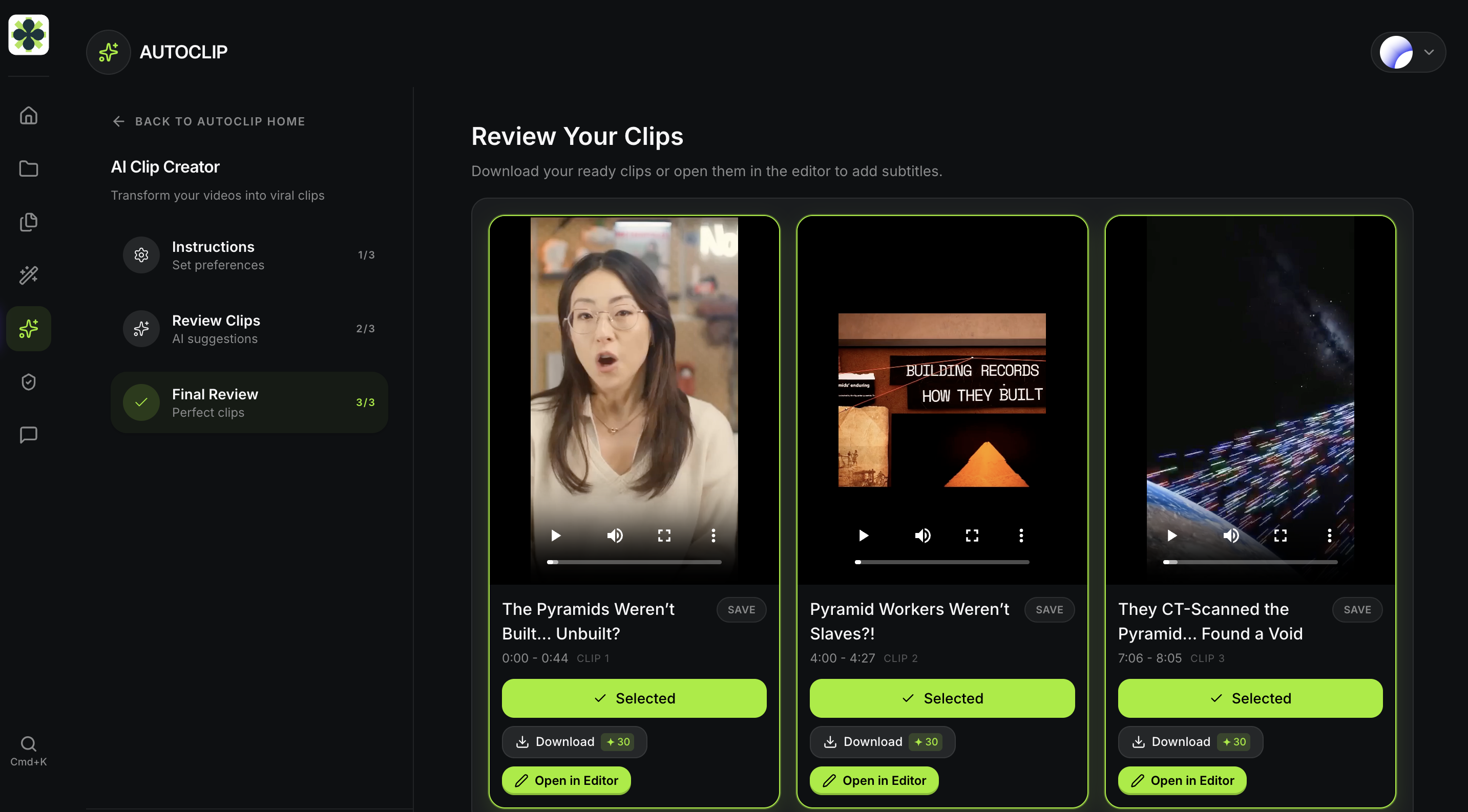 AutoClip review interface inside the Satura editor