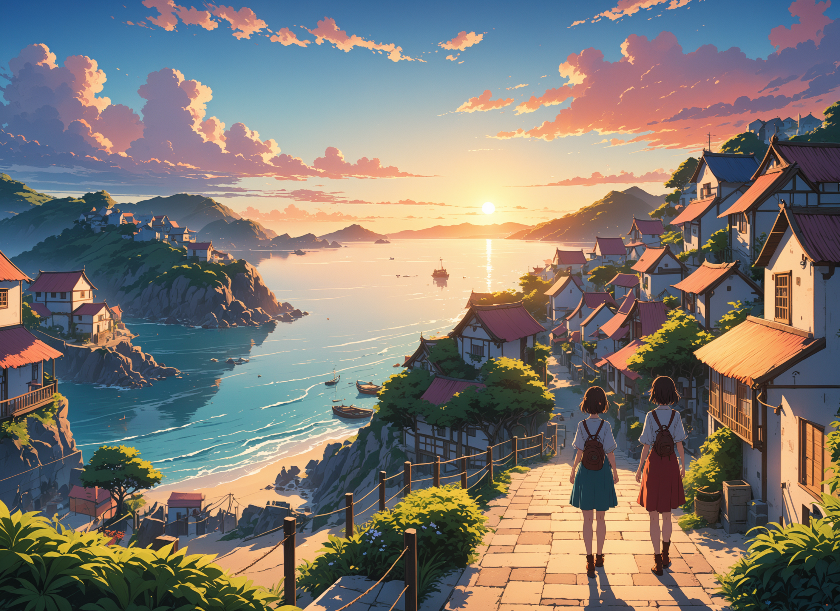 Cinematic anime coastal village at sunset