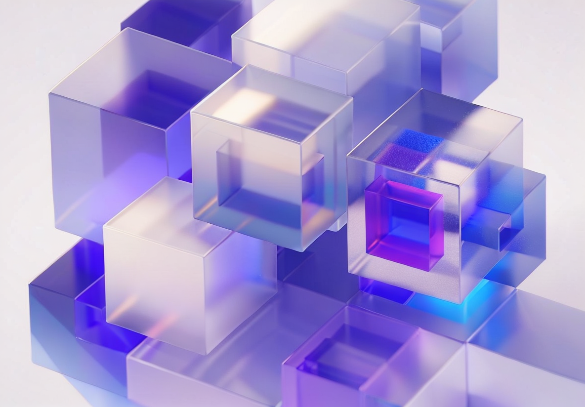 3D render of translucent cubes in purple and blue light