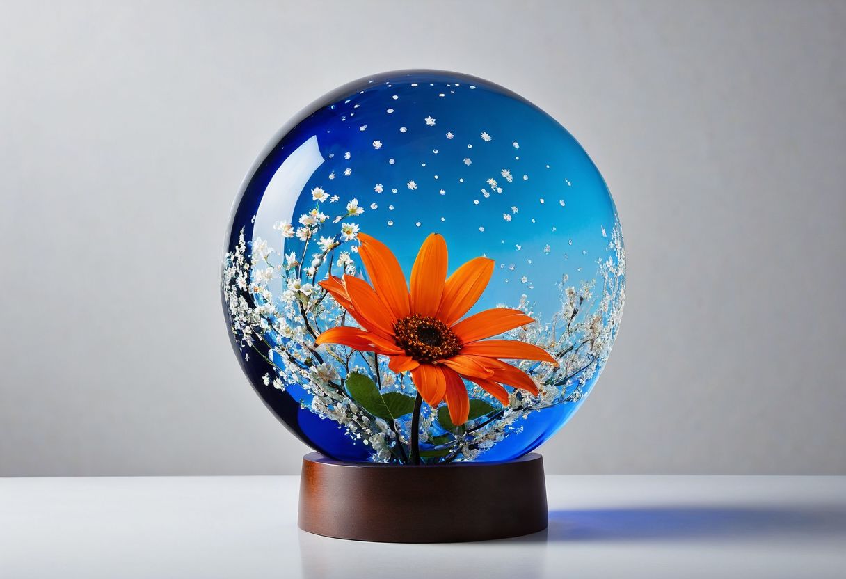 Photorealistic glass orb product shot with an orange flower