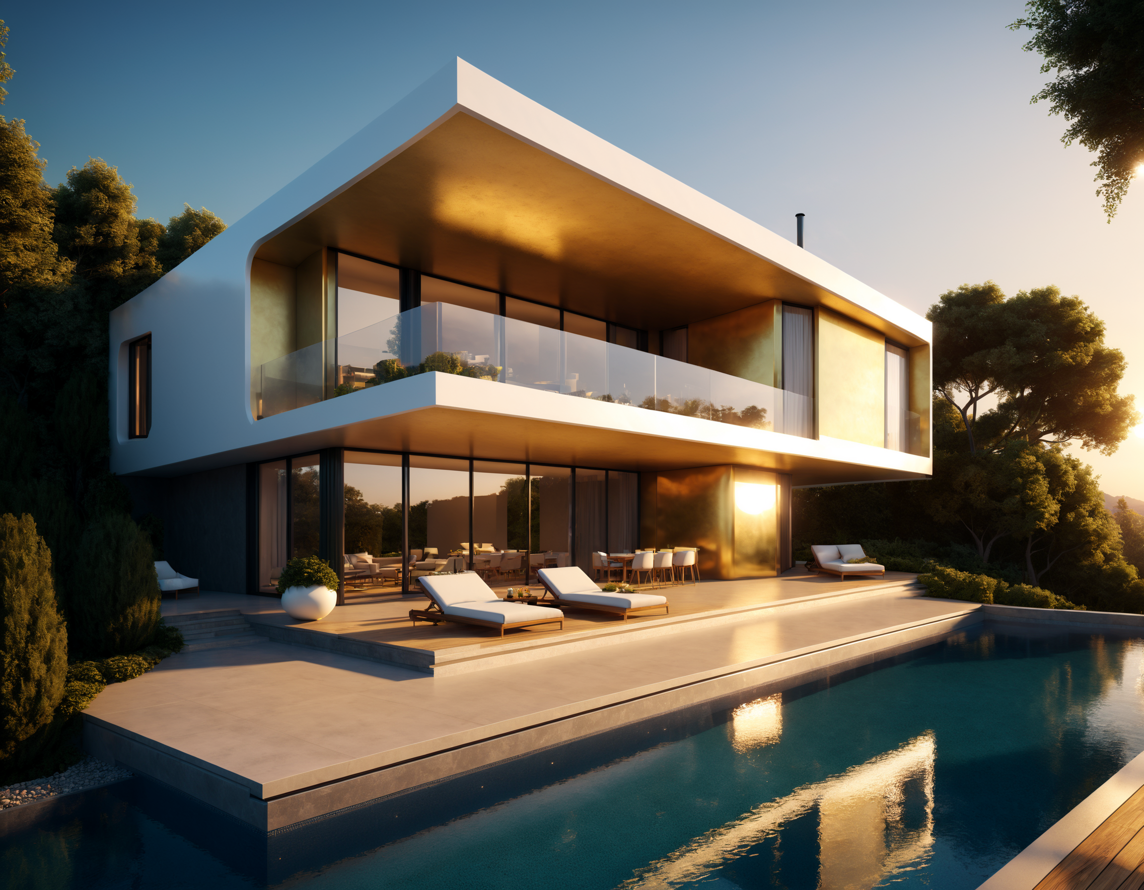Modern architecture render of a villa with a pool at sunset