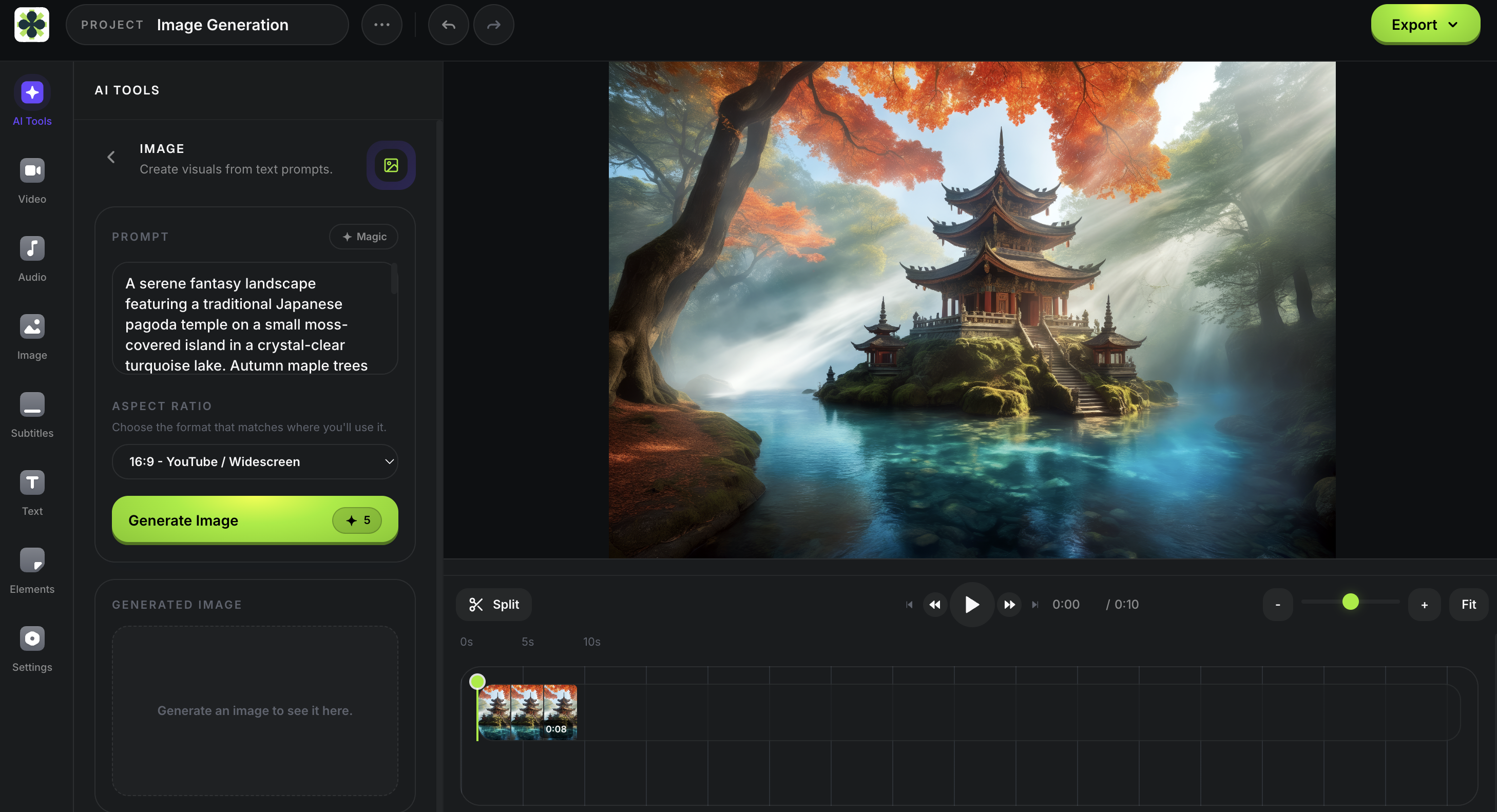 AI image generator panel inside the Satura editor